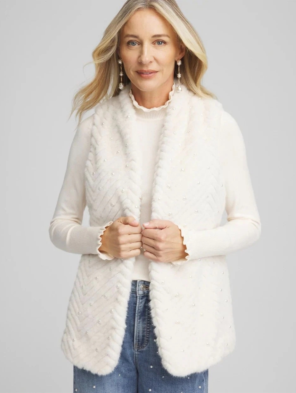 CHICO'S | Pearl Embellished Faux Fur Vest
